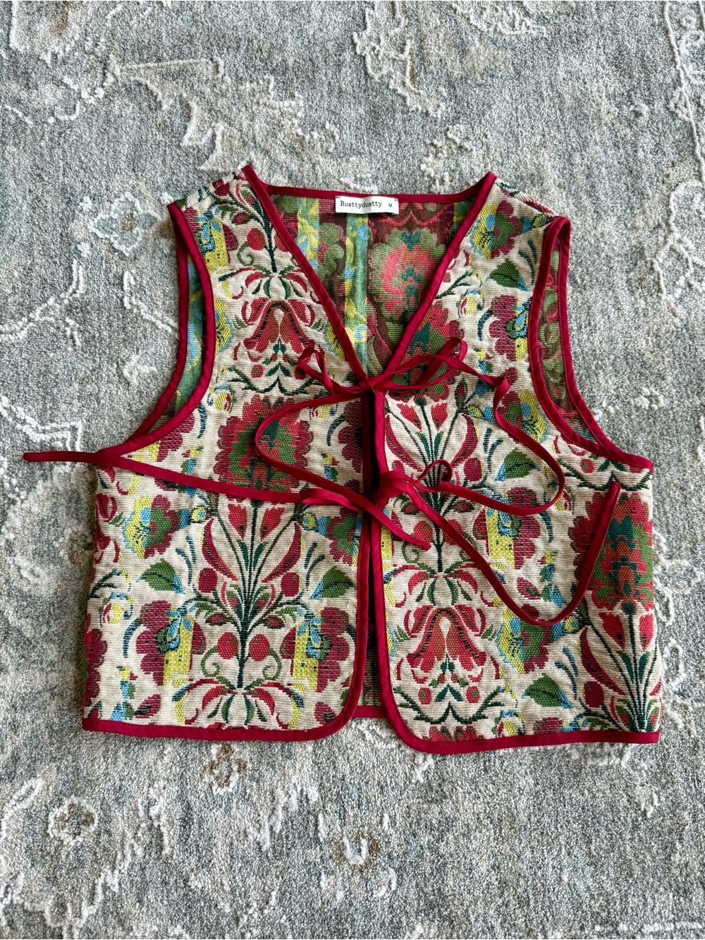 Vintage Red and Taupe Embroidered Tapestry Front-Tie Vest 🌿